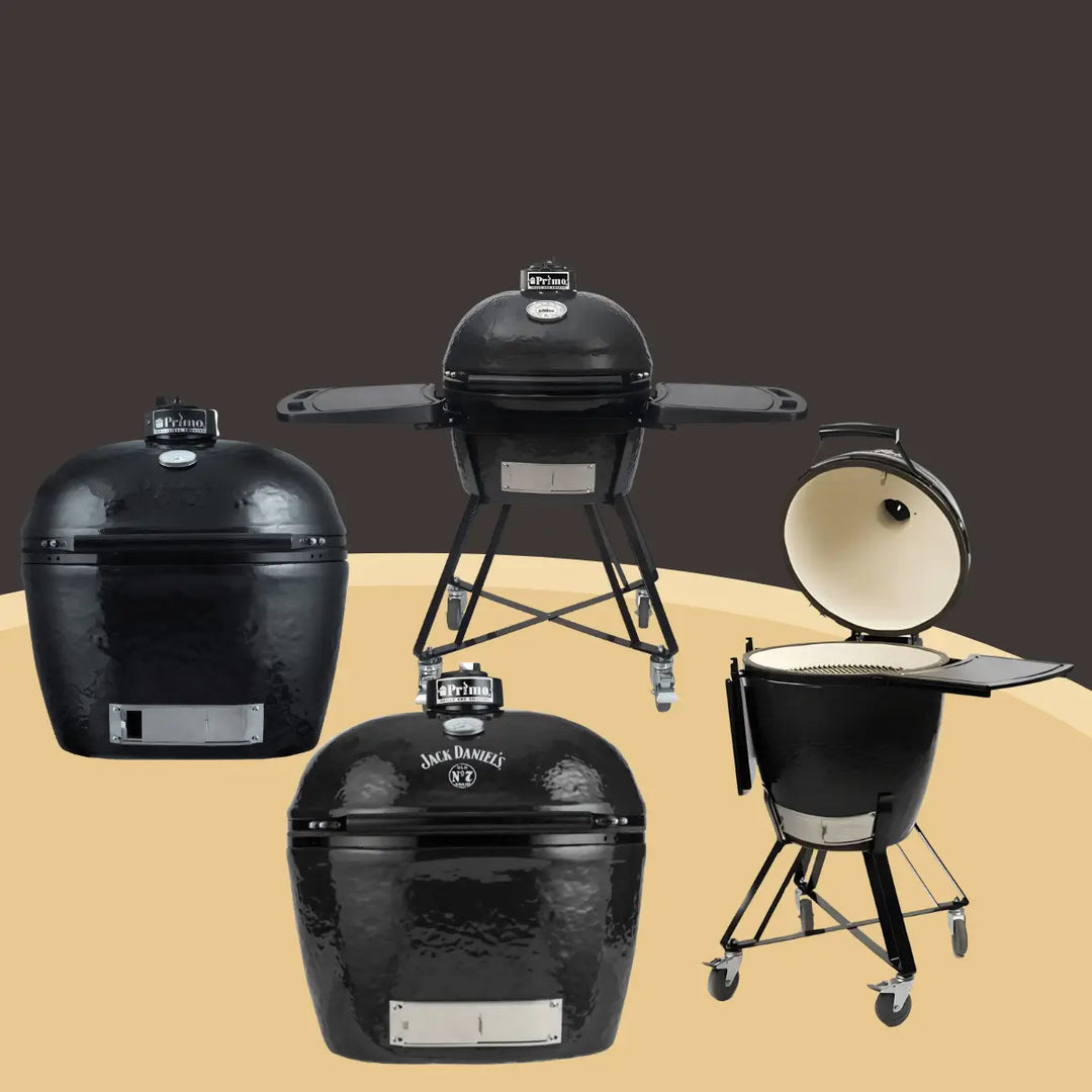 Primo ceramic charcoal grills in black with dome lids and cart design, ideal for outdoor grilling and smoking collection.
