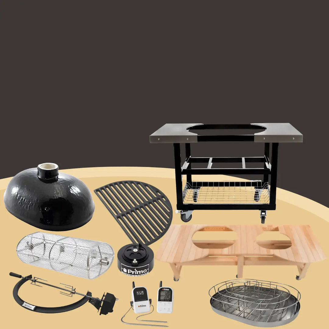 Primo grill accessories collection with ceramic lid, grates, cart, rotisserie kit, and tools for versatile outdoor cooking.