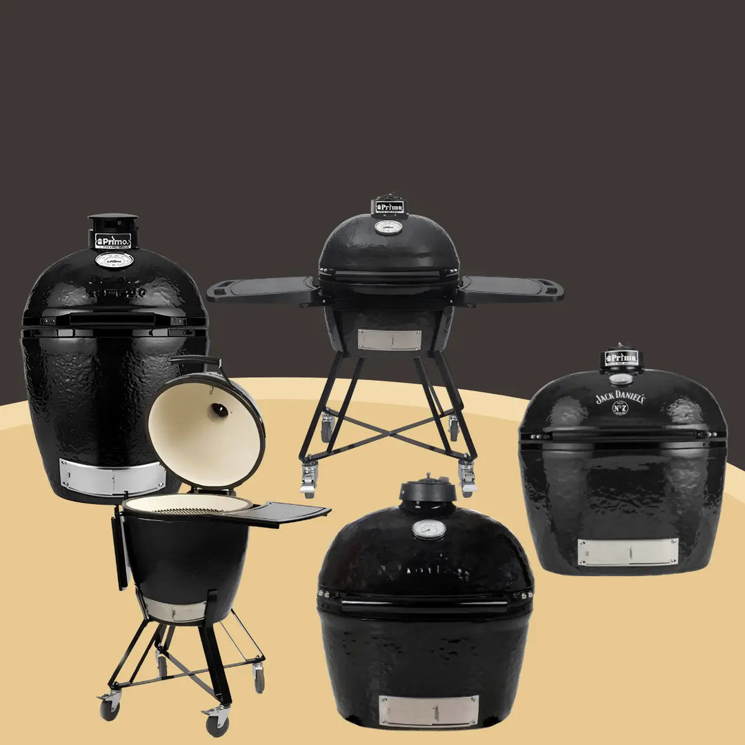 Primo ceramic charcoal grills collection featuring black kamado-style grills with carts, stands, and open lid for outdoor cooking.