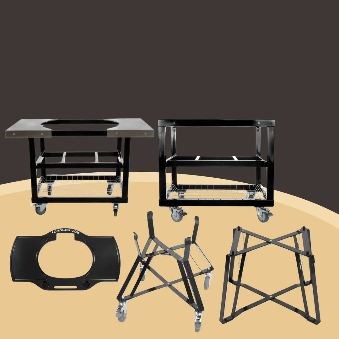 Primo grill cradles and carts collection with rolling metal stands, storage shelves, and sturdy bases for outdoor ceramic grills.