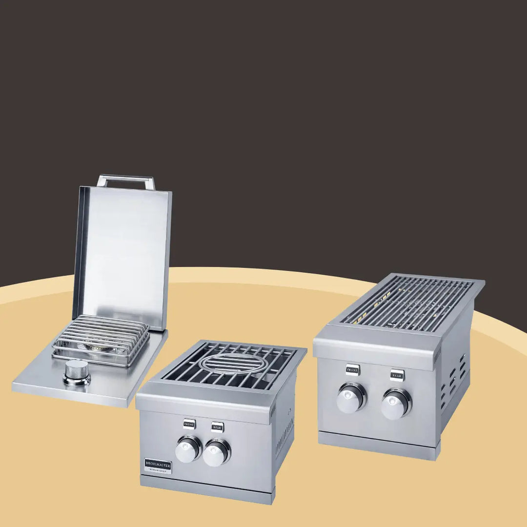 Primo side burners collection in stainless steel with dual knobs and grill grates, designed for outdoor kitchen cooking and grilling setups.