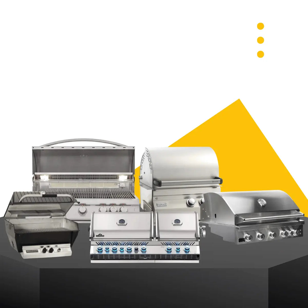 Propane grills collection with stainless steel built-in and freestanding BBQ grills, showcasing modern outdoor cooking appliances.