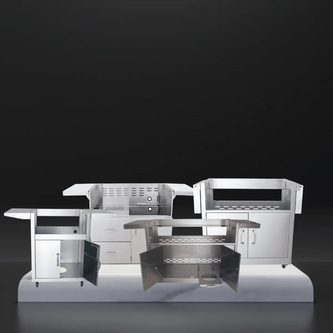 RCS carts collection featuring stainless steel grill carts with storage cabinets, drawers, side shelves, and open storage compartments displayed on a platform against a dark background.