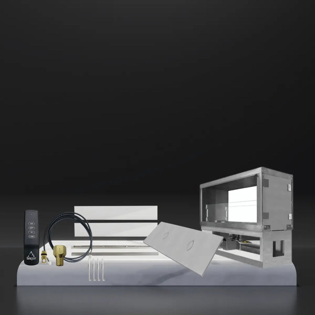 RCS fireplace accessories collection featuring remote control, gas valve components, wiring, mounting plates, burner assembly, and installation hardware displayed on a platform against a dark background.