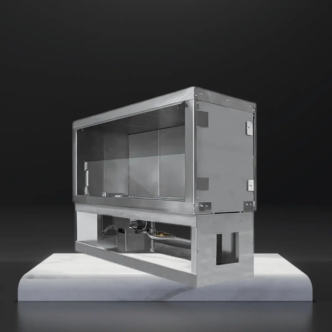 RCS fireplaces collection featuring stainless steel outdoor gas fireplace insert with visible burner assembly and modern rectangular design displayed on a platform against a dark background.