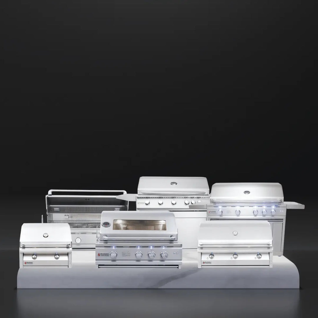 RCS gas grills collection featuring premium stainless steel grills in various sizes, including built-in and freestanding models with multiple burners and control knobs, displayed on a sleek platform against a dark background.