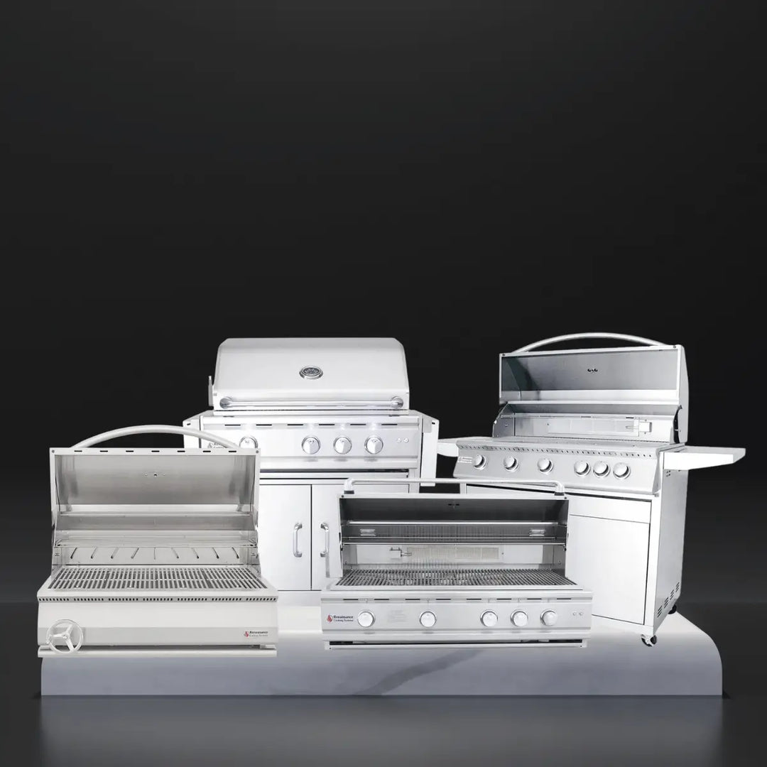 RCS grills collection featuring stainless steel outdoor grills, including built-in and freestanding models with open lids, grilling grates, and multiple burner controls, displayed on a sleek platform against a dark background.