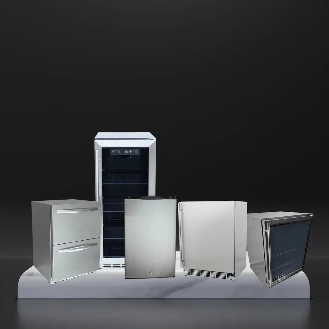 RCS refrigeration collection featuring stainless steel outdoor refrigerator, double drawer fridge, beverage cooler with glass door, and compact undercounter refrigeration units displayed on a platform against a dark background.