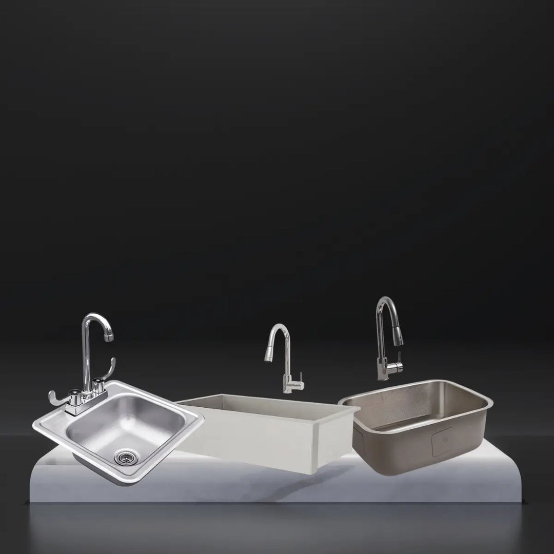 RCS sinks and faucets collection featuring stainless steel outdoor sinks in multiple sizes with matching high-arc faucets and installation basin components displayed on a platform against a dark background.