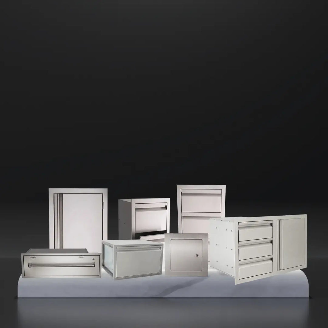 RCS storage and drawers collection featuring stainless steel access doors, pull-out drawers, combo door-drawer units, and outdoor kitchen storage compartments displayed on a platform against a dark background.