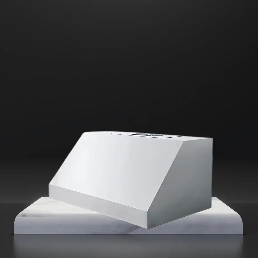 RCS vent hoods collection featuring stainless steel outdoor kitchen vent hood with built-in fan and clean modern design displayed on a platform against a dark background.