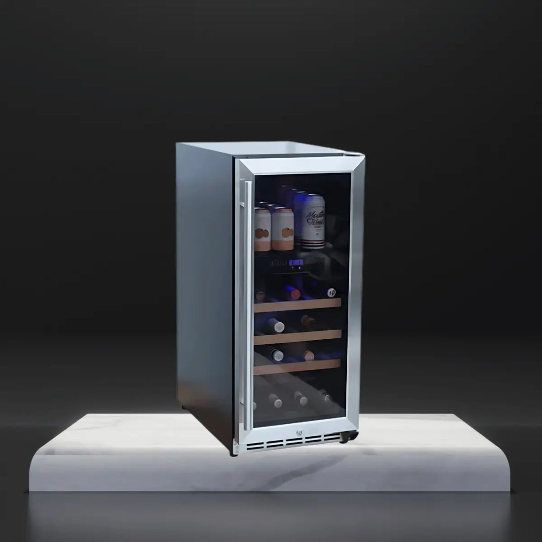 RCS wine coolers collection featuring a stainless steel wine cooler with glass door, interior lighting, and wooden shelves holding wine bottles and beverages, displayed on a sleek platform against a dark background.