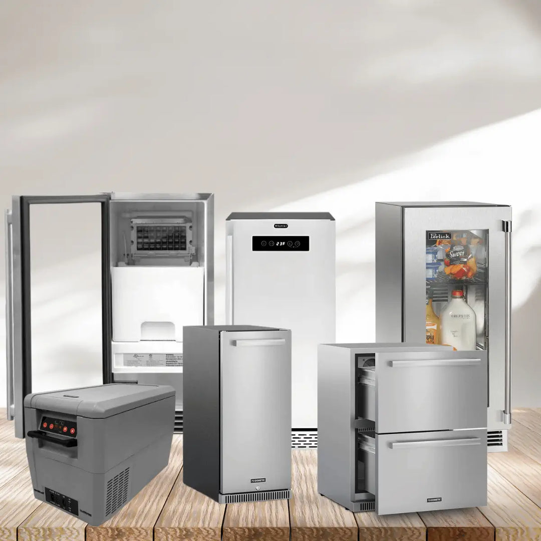 Refrigeration and ice makers collection with portable ice maker, built-in ice machine, stainless steel fridge, and beverage cooler.
