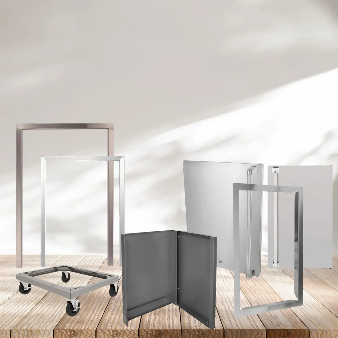 Refrigerator accessories collection including stainless steel trim kits, caster base with wheels, and access panels for installation and customization.