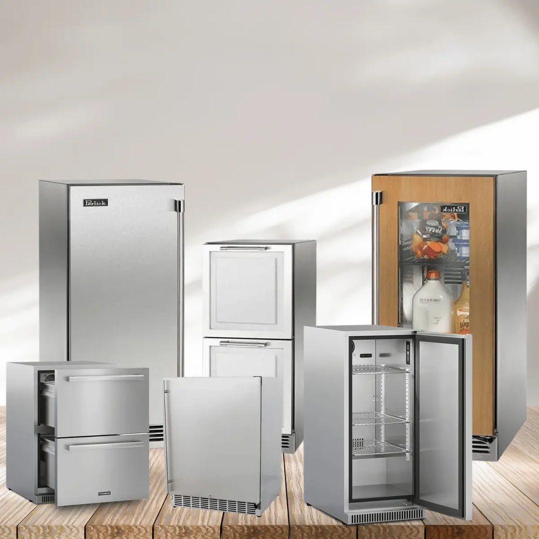Refrigerators collection with stainless steel fridges, double drawer unit, compact refrigerator, and glass door cooler for modern kitchens.