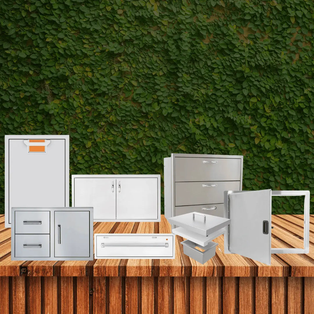 Outdoor storage doors and drawers collection with stainless steel cabinet doors, access panels, and pull-out bins for outdoor kitchen setups.
