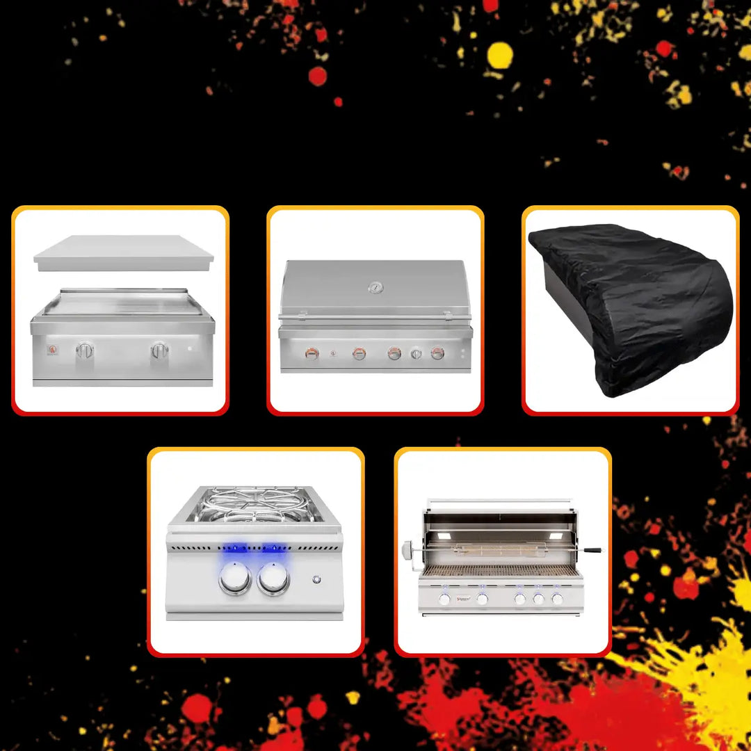Summerset Black Friday Edition sale collection featuring stainless steel gas grills, flat top griddle, side burner, and grill cover with bold black background and red yellow accents