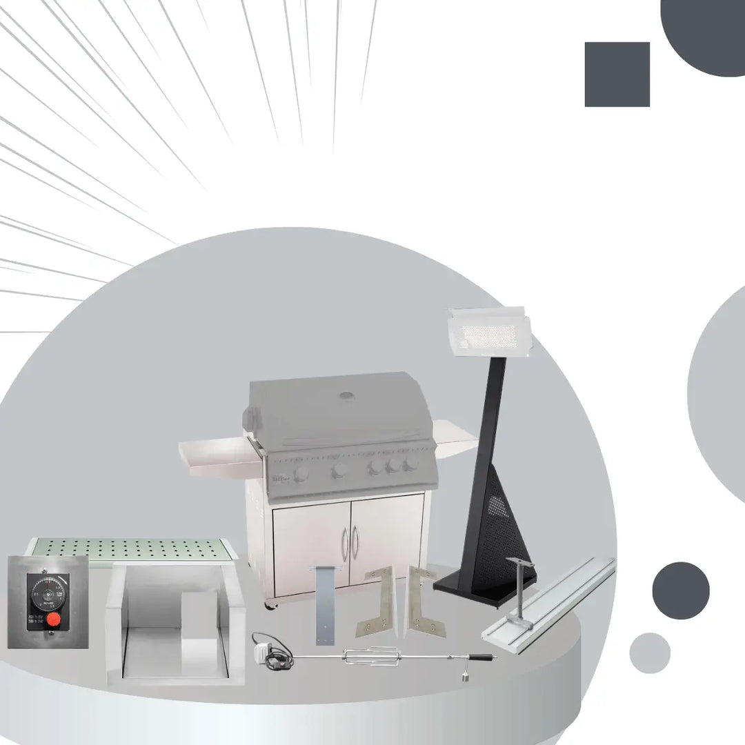 Summerset Accessories Collection featuring stainless steel gas grill, rotisserie kit, burner components, control panel, and outdoor patio heater on modern display platform