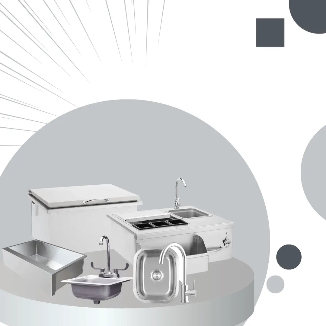 Summerset bar and sink collection featuring stainless steel outdoor sinks, faucets, ice bins, and bar prep stations for modern outdoor kitchens