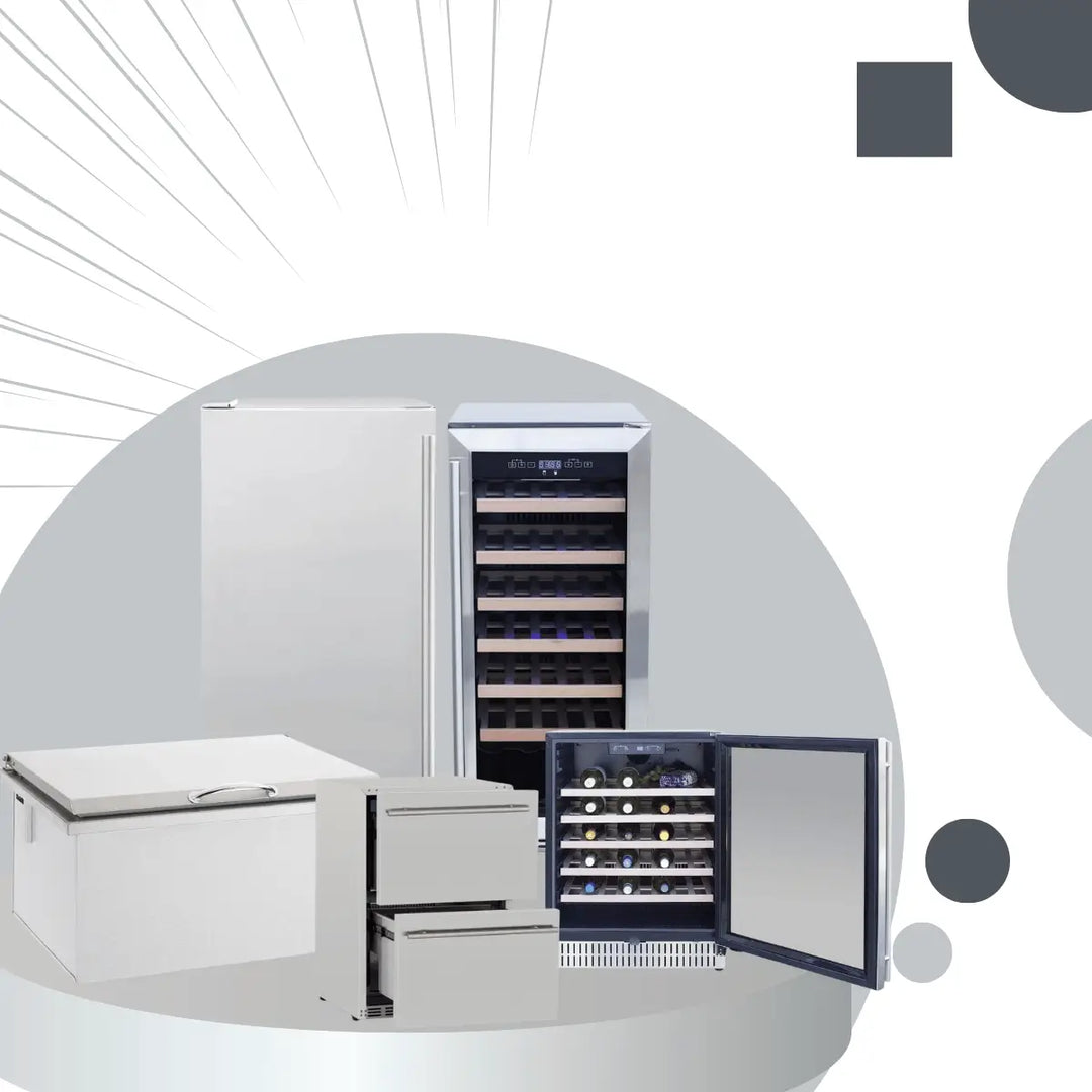 Summerset cold storage collection featuring outdoor refrigerators, wine coolers, drawer fridges, and stainless steel ice chests for outdoor kitchens