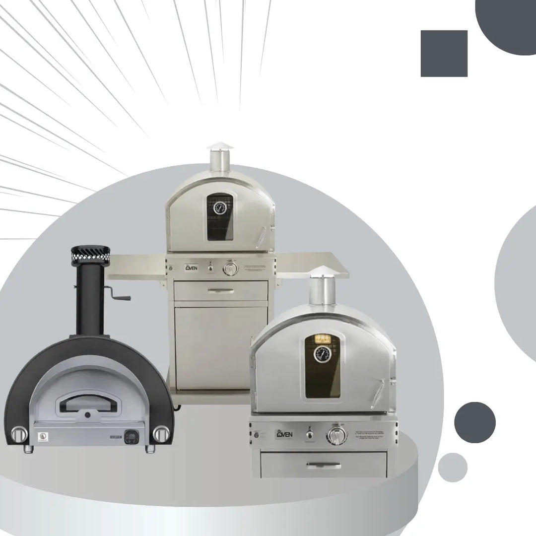 Summerset outdoor ovens collection featuring stainless steel pizza ovens with built-in thermometers, freestanding and built-in outdoor cooking ovens