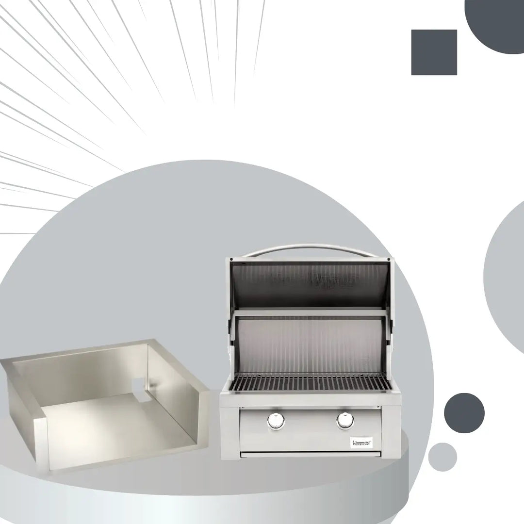 Summerset Resort Series collection stainless steel outdoor grill with open lid and built-in grill liner for outdoor kitchen installations