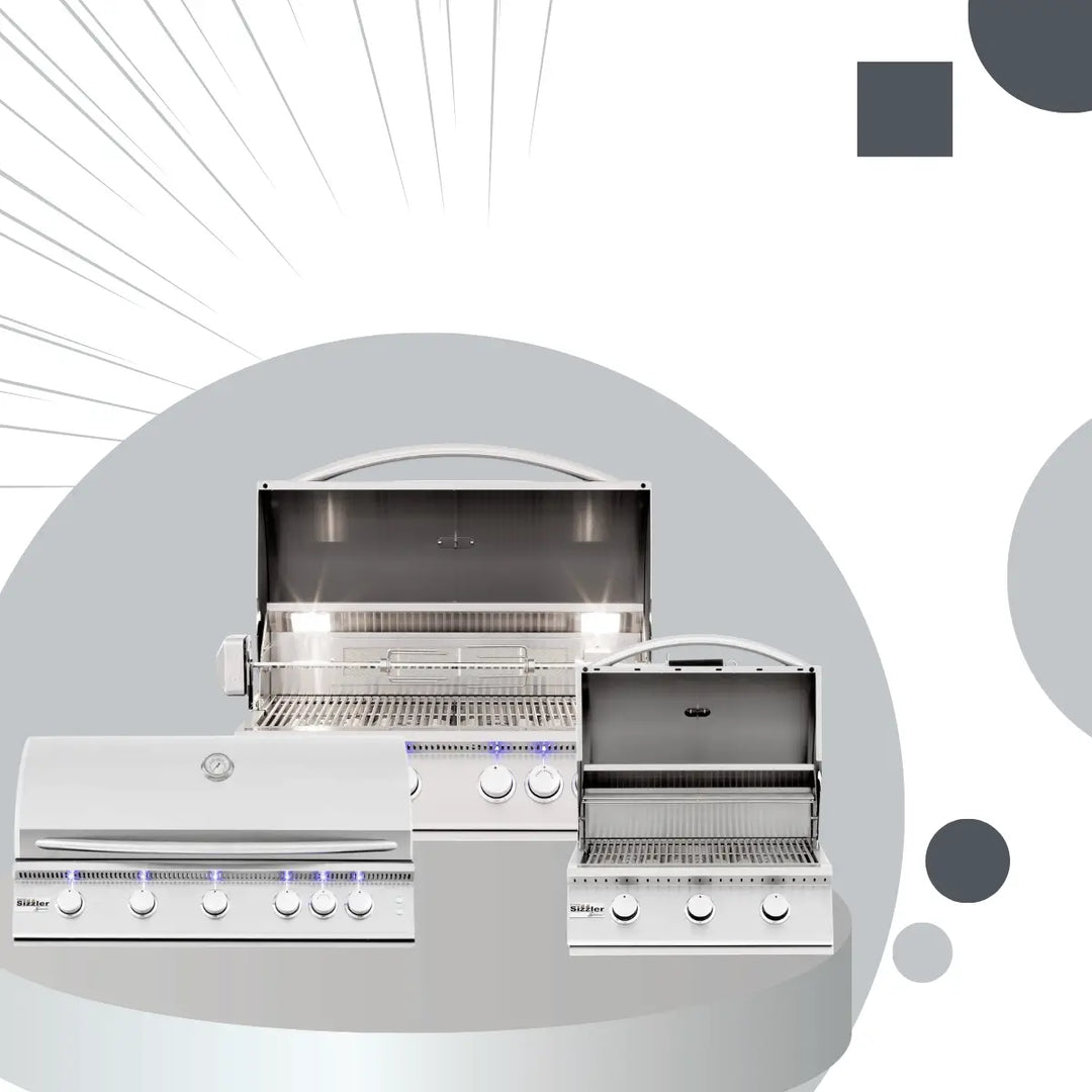 Summerset Sizzler Series built-in gas grills collection featuring stainless steel outdoor BBQ grills with open lids, illuminated interiors, and multiple size options in a modern display setting