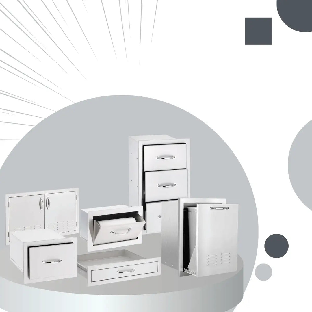 Summerset Storage Collection featuring stainless steel outdoor kitchen cabinets, drawers, access doors, and pull-out trash bin storage on display platform