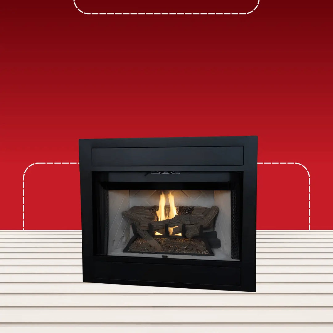 Superior B-vent traditional front-open gas fireplace with ceramic logs, glowing embers, and natural flame in a sleek black frame.