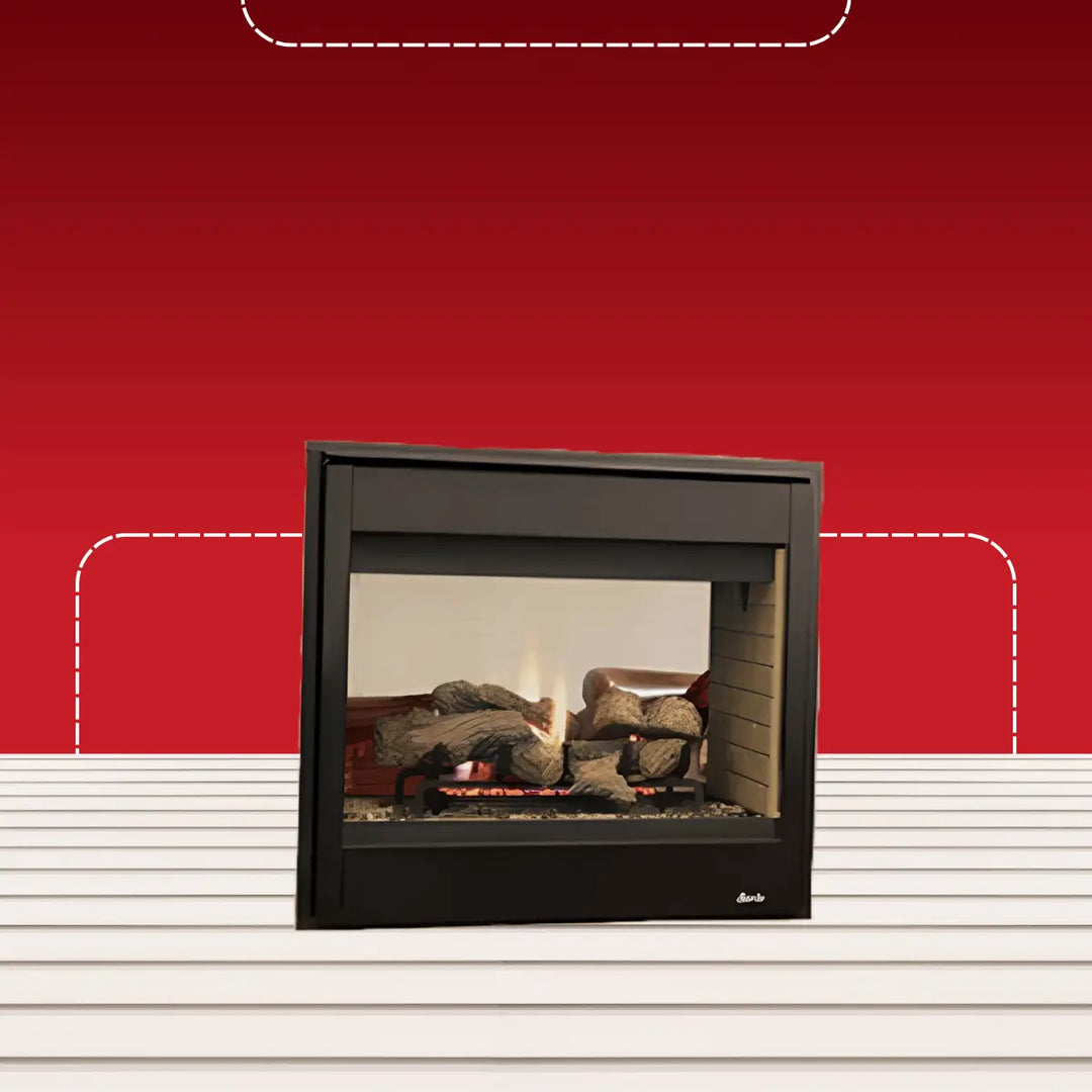 Superior B-vent traditional multi-sided fireplace with realistic log set, glowing embers, and soft gas flames in a modern black frame.