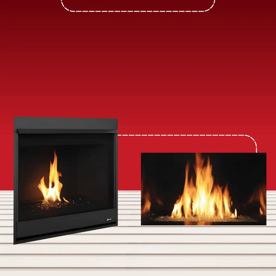 Superior direct vent contemporary front-open fireplace with sleek black frame, vibrant flames, and reflective ember bed design.