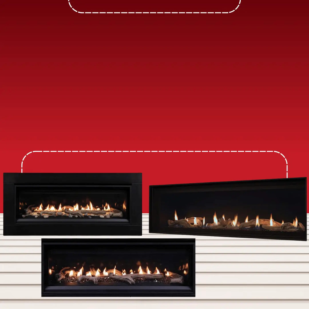 Superior direct vent contemporary linear fireplaces with sleek black frames and long flames over driftwood logs in modern design.