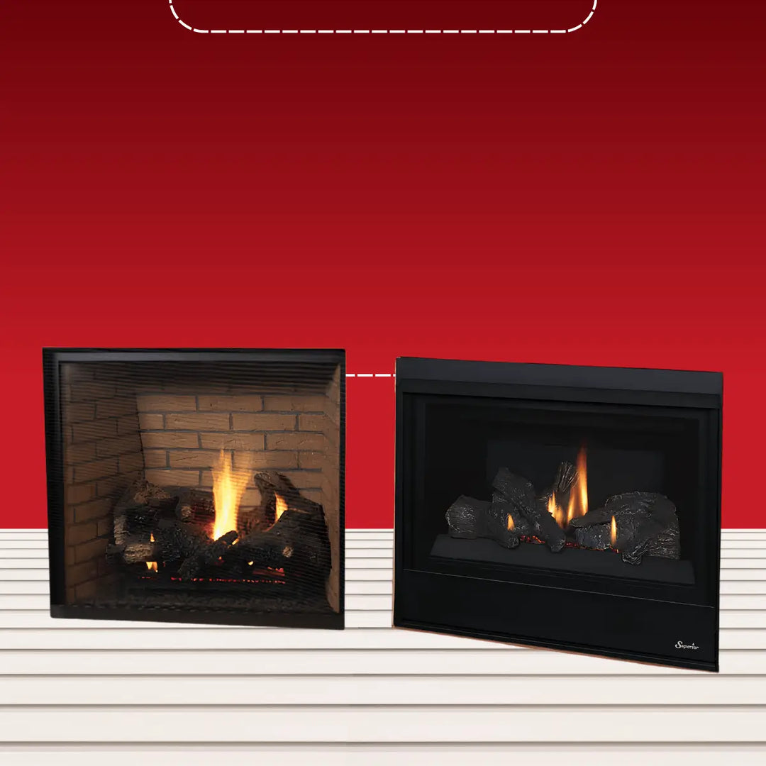 Superior direct vent traditional front-open fireplaces with black frames, ceramic logs, and natural flames in classic and modern styles.