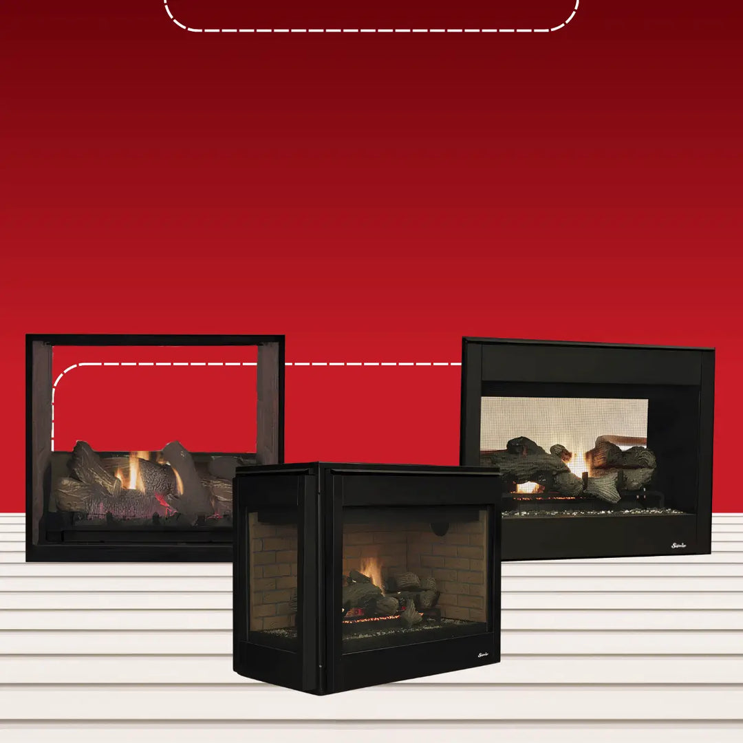 Superior direct vent traditional multi-sided fireplaces with black frames, ceramic logs, and multi-view glass panels for versatile room design.