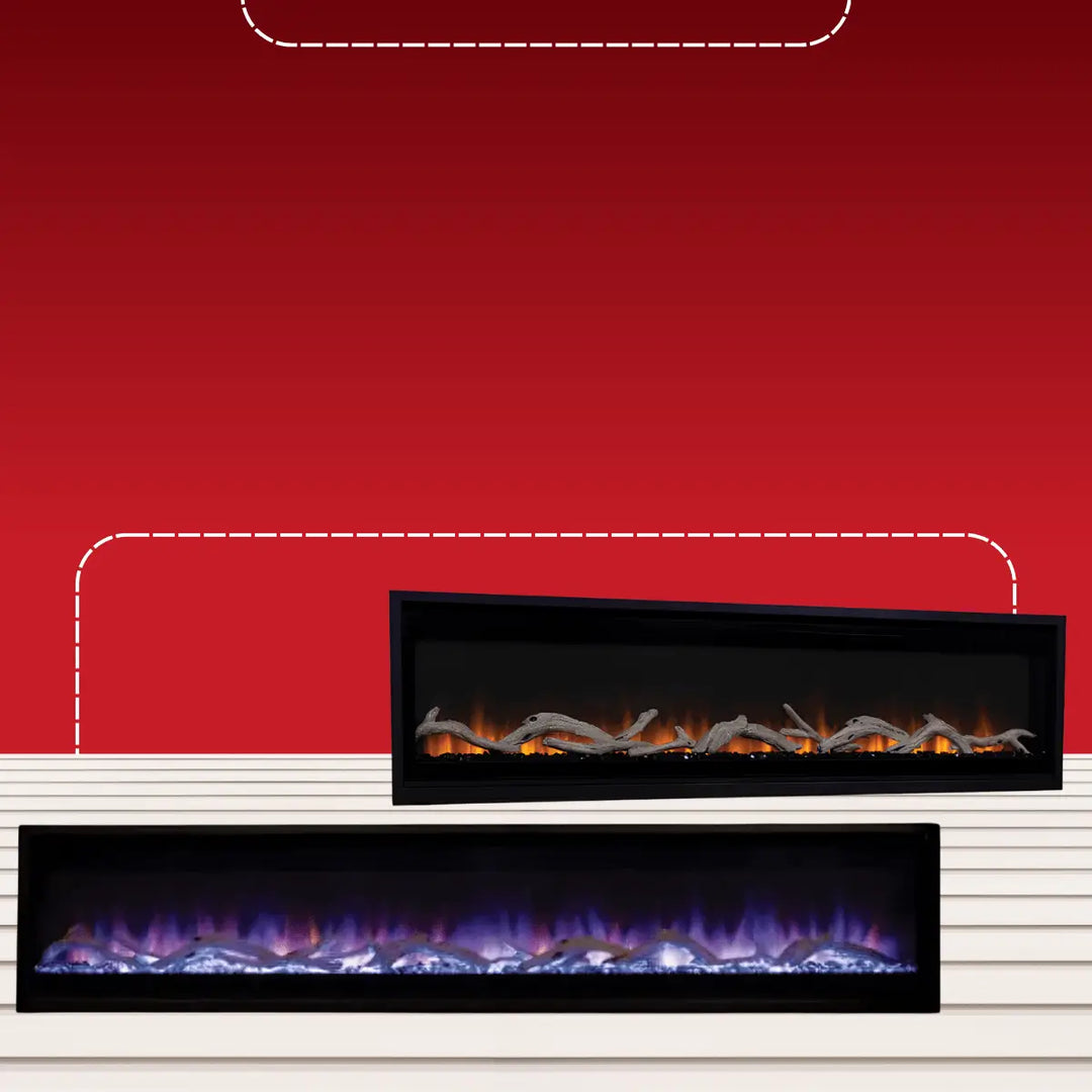 Superior electric fireplaces with modern linear design, featuring realistic orange flames with logs and colorful LED flame effects with crystals.