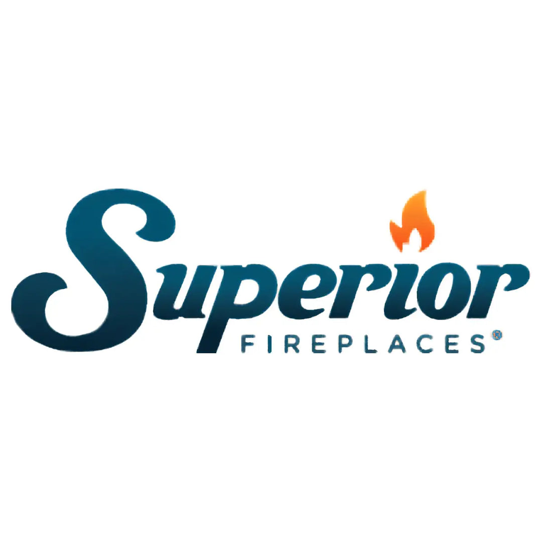 Superior Fireplaces logo with blue lettering and flame icon representing premium indoor and outdoor fireplace products.