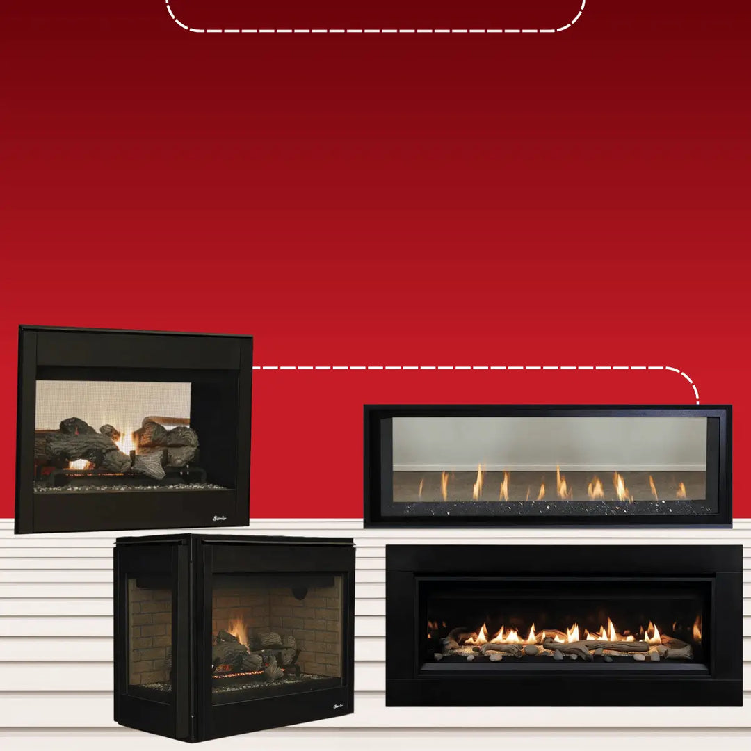 Superior gas fireplaces collection with linear, corner, and traditional styles featuring realistic flames and modern black frames.