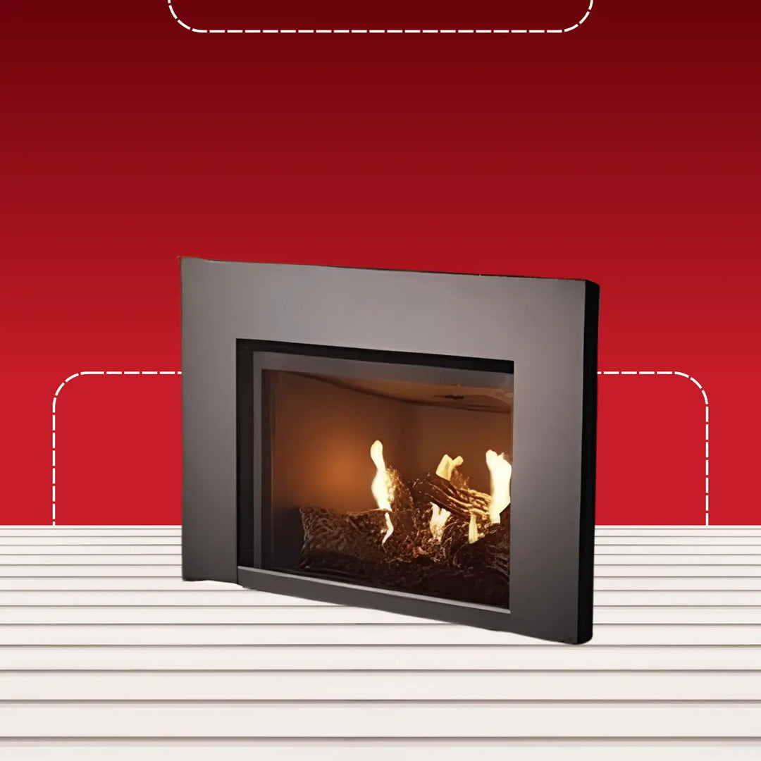 Superior direct vent gas fireplace insert with traditional design, black frame, and realistic log flames for indoor heating.