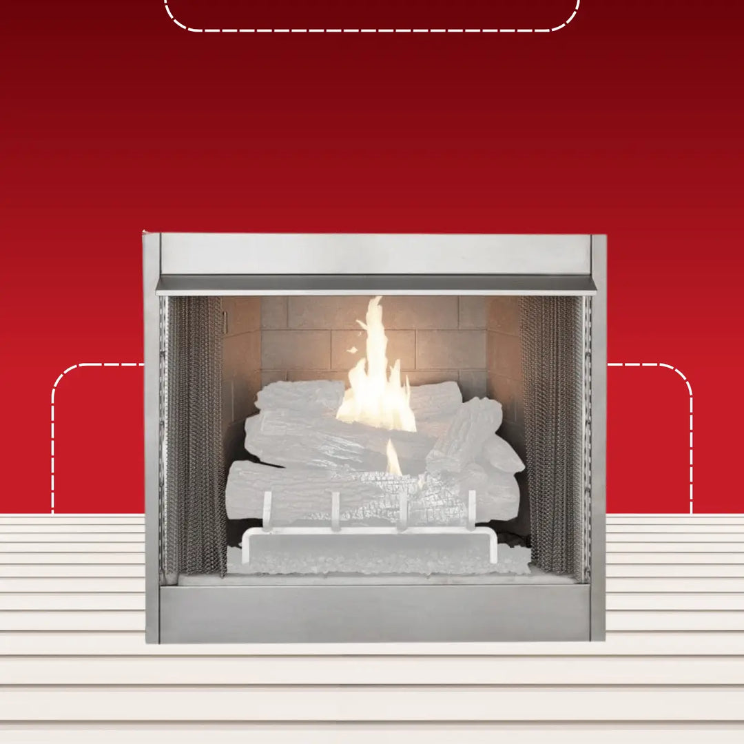 Superior outdoor vent-free firebox with stainless steel frame, white ceramic logs, and clean-burning flame for modern outdoor spaces.