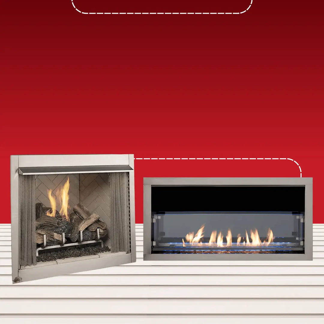 Superior outdoor vent-free fireplace systems featuring traditional log firebox and modern linear gas fireplace with clean flames.