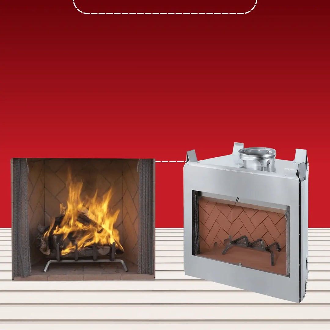 Superior outdoor wood-burning fireplaces featuring traditional open hearth with flames and built-in firebox insert for outdoor use.