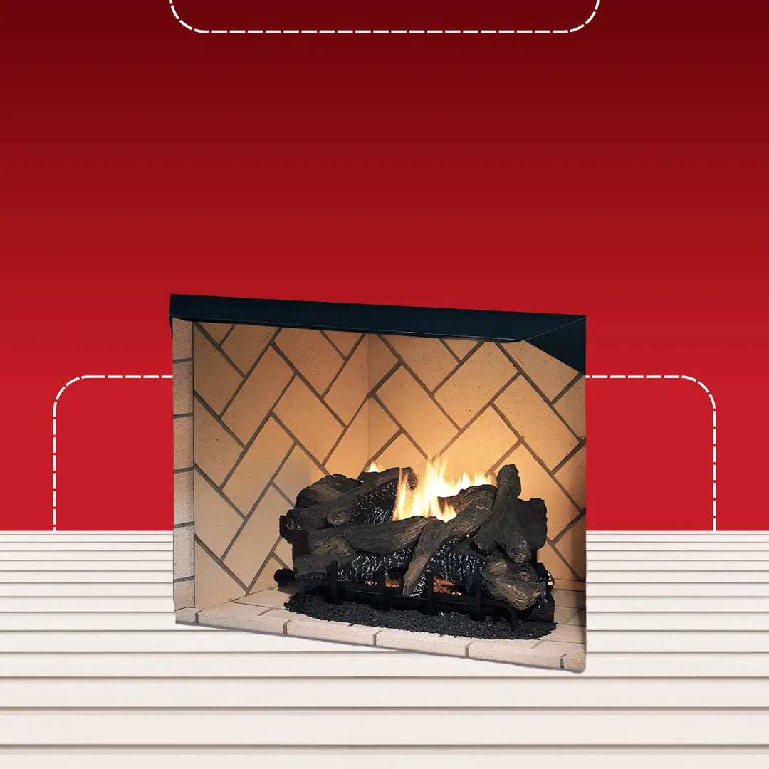 Superior vent-free front-open fireplace firebox with ceramic logs, natural flame, and herringbone firebrick interior design.