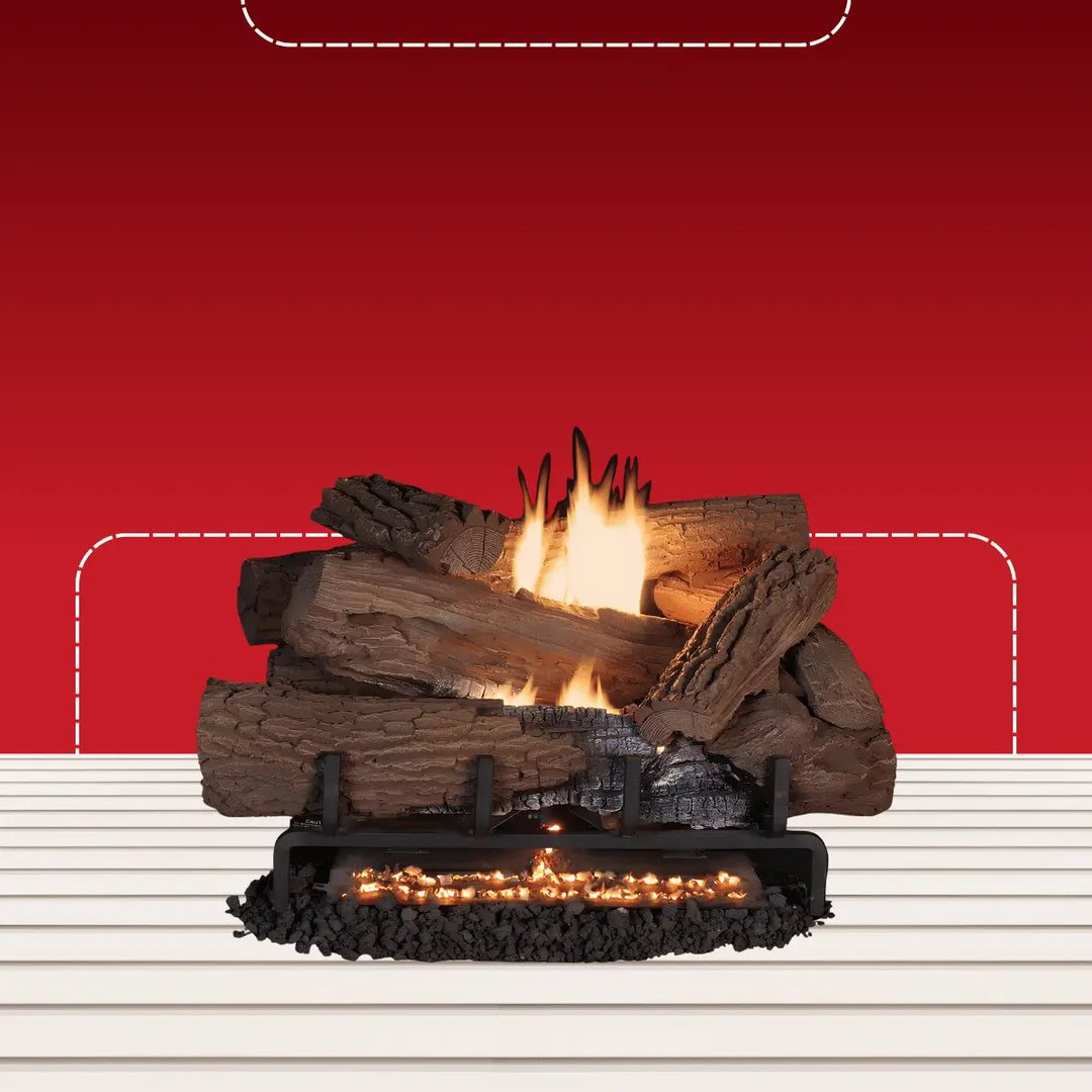 Superior vent-free gas log set with realistic stacked logs, glowing embers, and natural flames for efficient fireplace heating.
