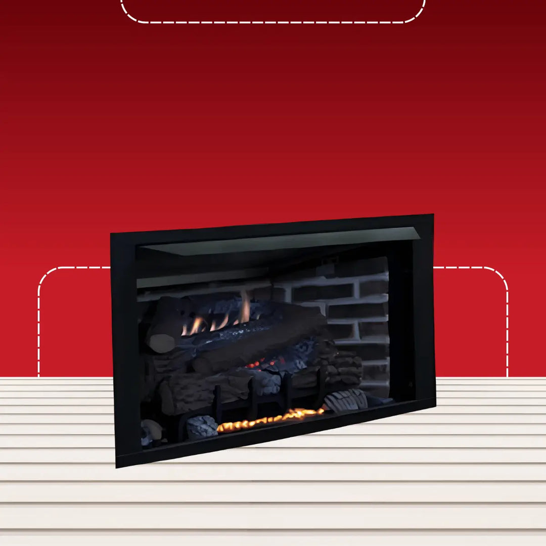 Superior vent-free front-open fireplace with black frame, ceramic logs, glowing embers, and modern brick interior design.