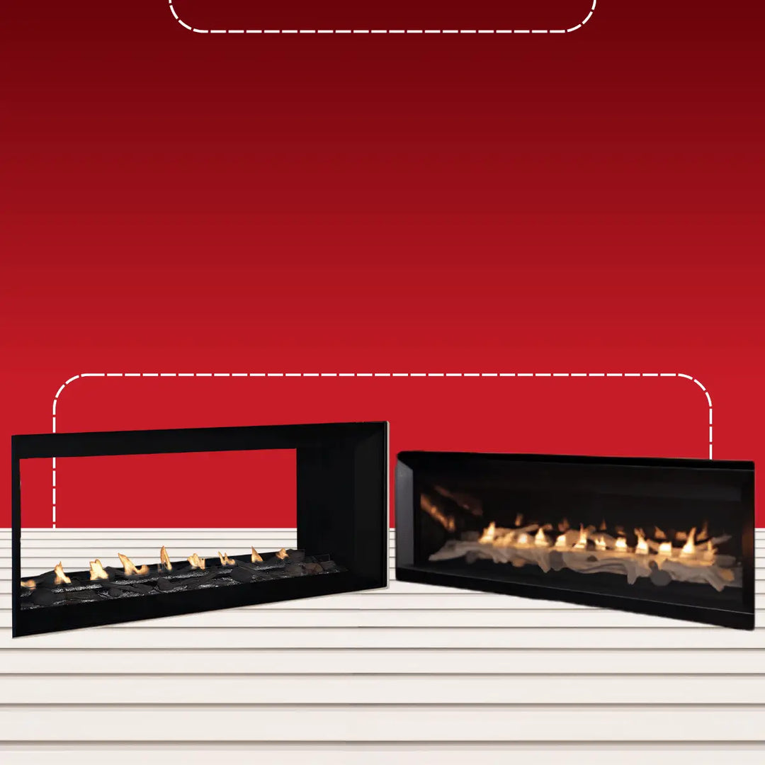 Superior vent-free linear fireplaces with modern black frames and long horizontal flames, ideal for contemporary indoor or outdoor spaces.