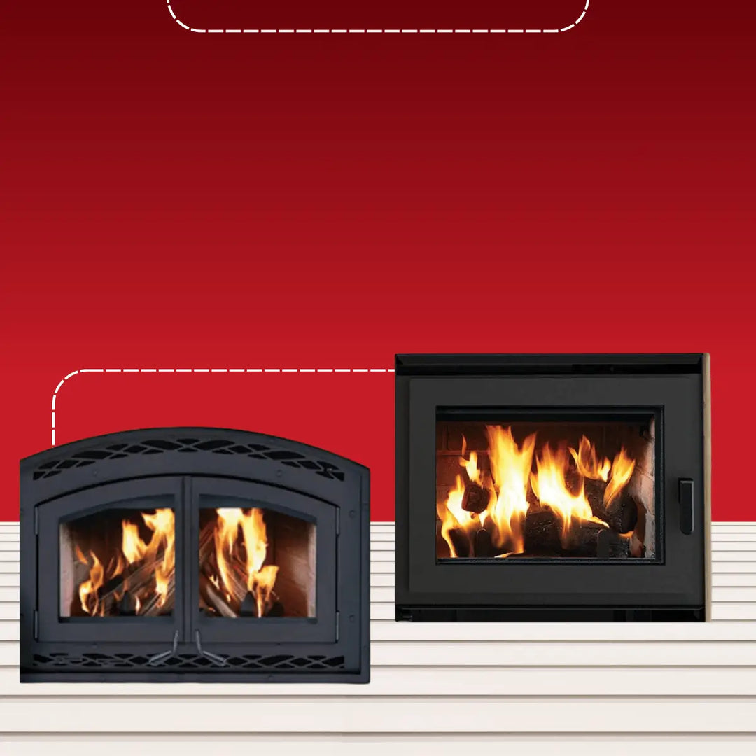 Superior EPA-compliant wood-burning fireplaces featuring traditional double-door stove and modern glass-front fireplace with natural flames.