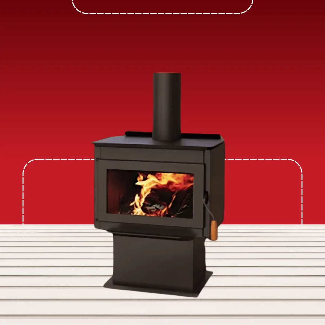Superior wood-burning stove with glass front, visible flames, and modern black design for efficient indoor heating solutions.