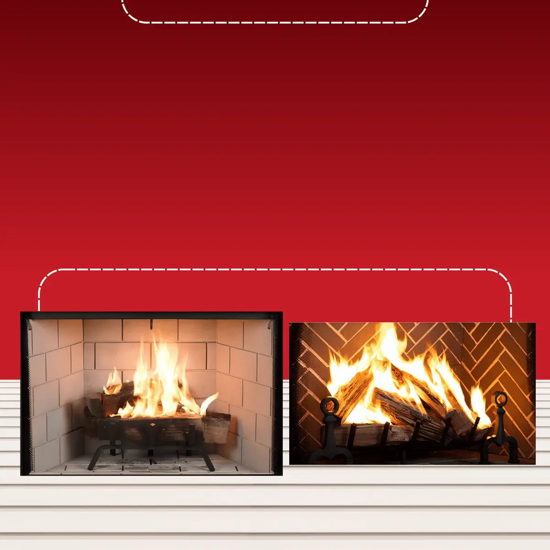 Superior traditional front-open wood-burning fireplace with realistic logs, glowing embers, and natural flame in a sleek black frame.