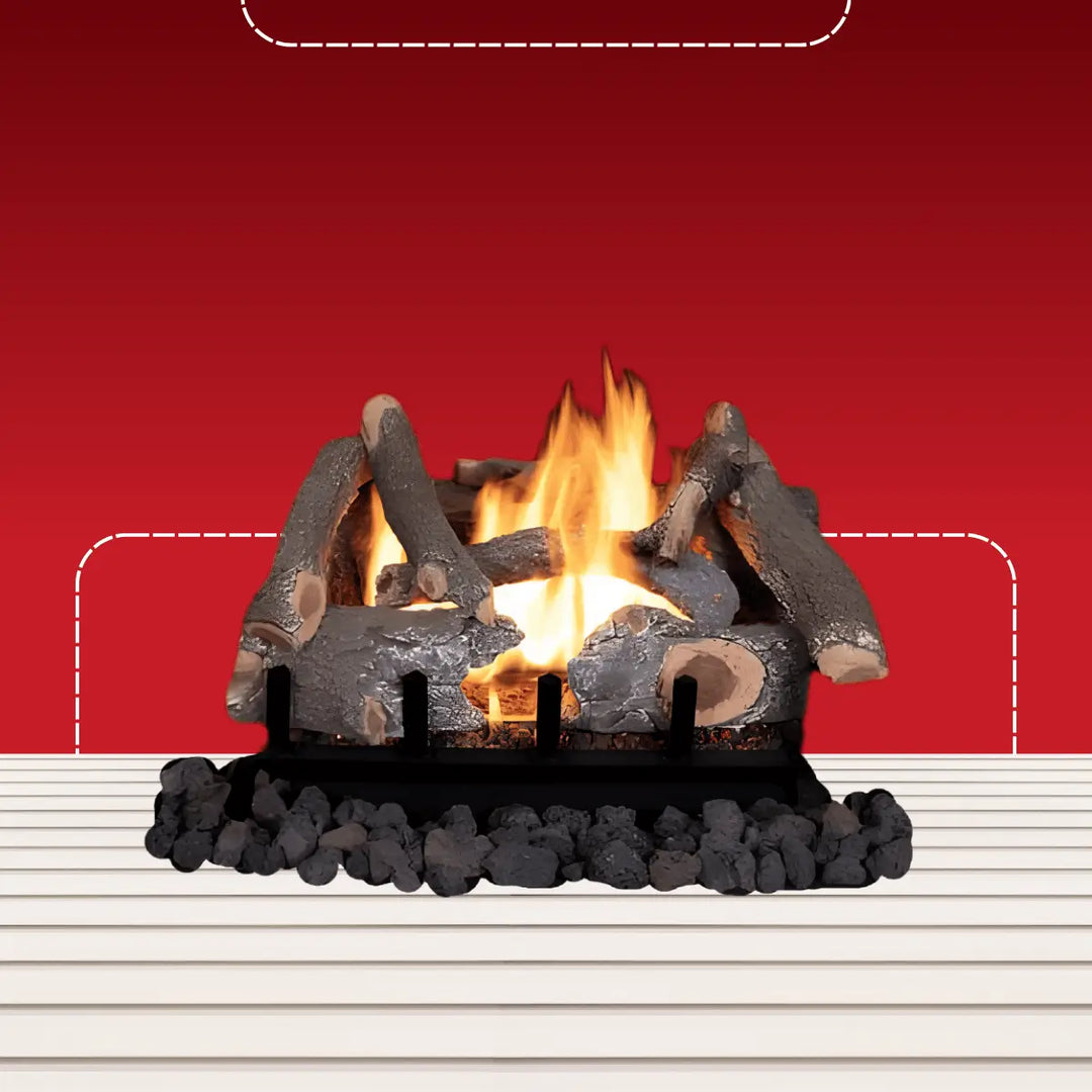Superior wood-burning vented log set with realistic ceramic logs, glowing embers, and natural flames for traditional fireplace setups.