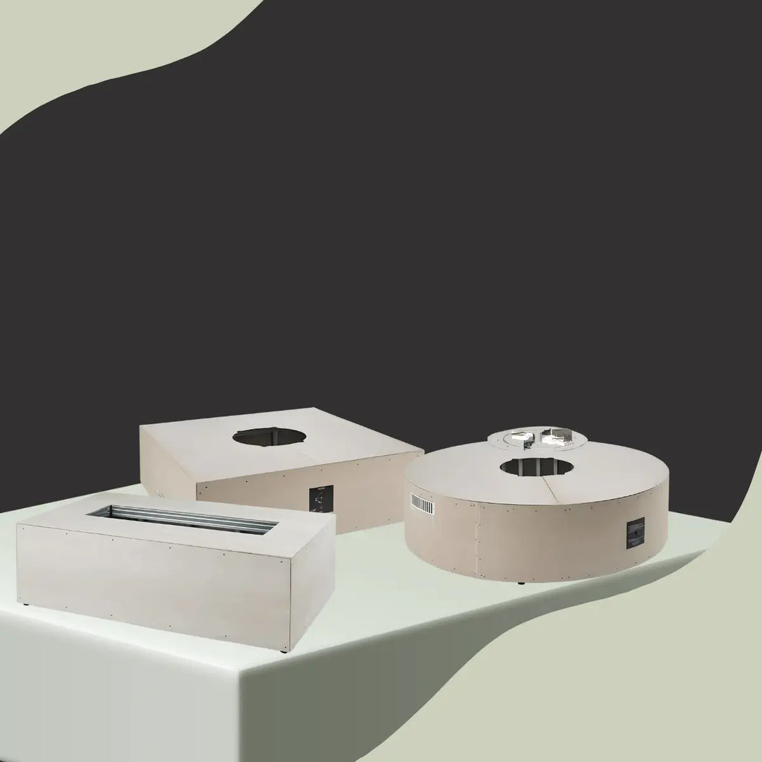 The Outdoor GreatRoom fire pit enclosures collection featuring square, round, and rectangular outdoor gas fire pit enclosure designs.